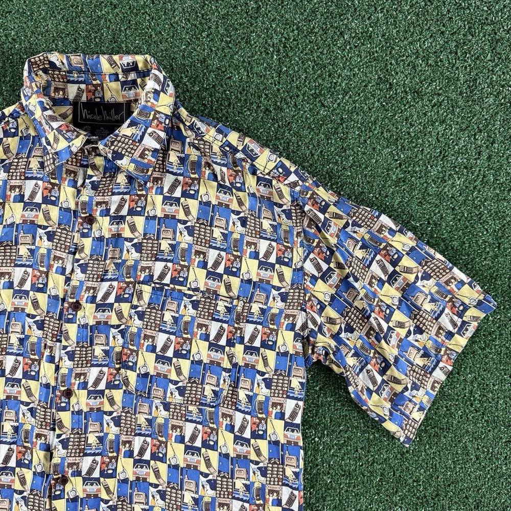 Vintage Nicole Miller Mens Button Shirt XL Flip Phone All Over Print Silk